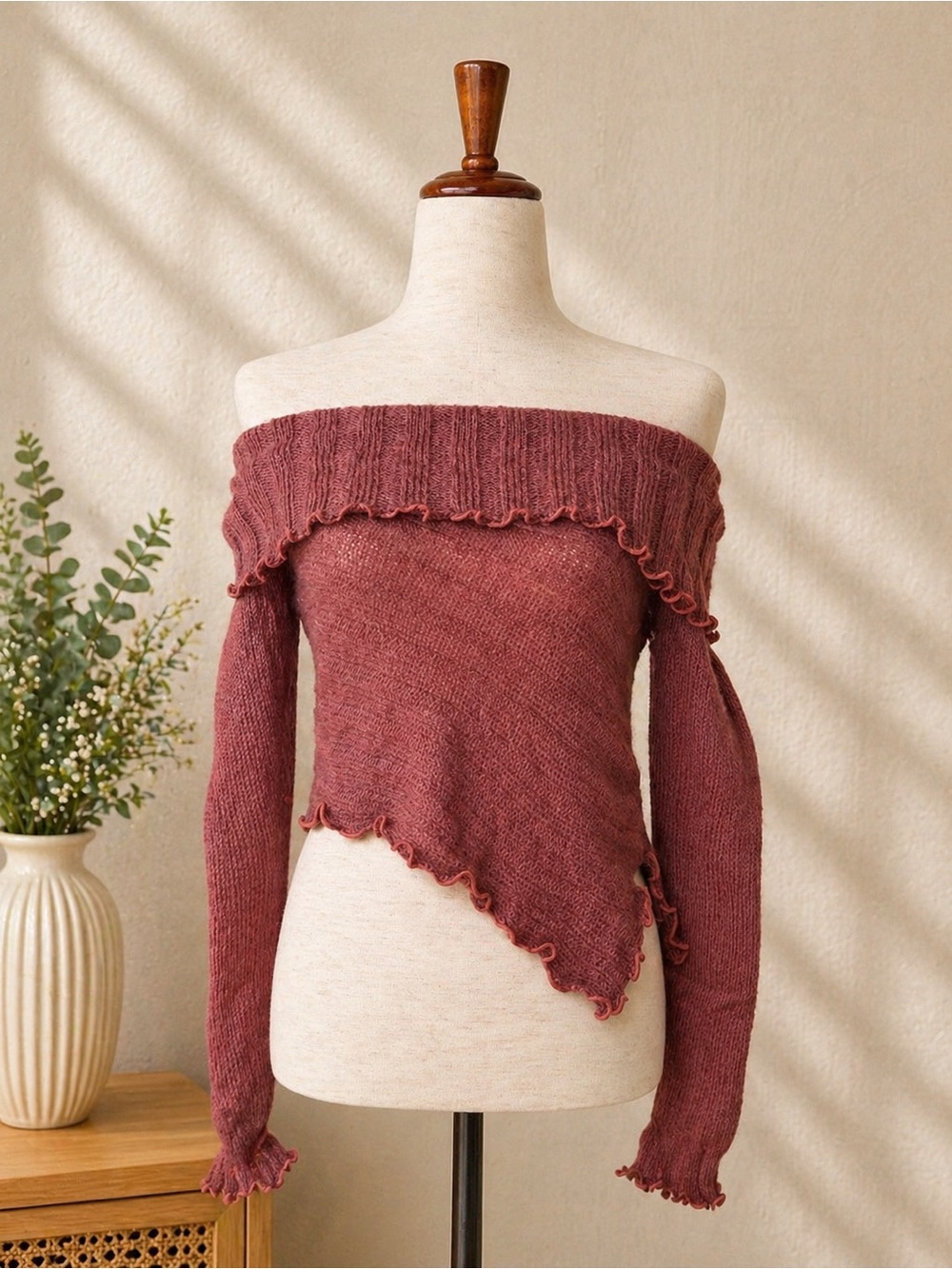 Forever 21 Asymmetrical Dusty Rose Off-the-Shoulder Ruffle Knit Sweater